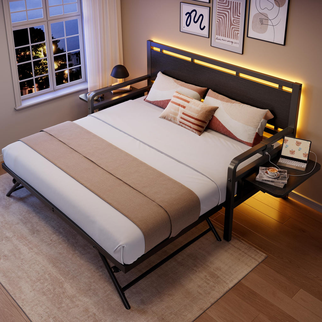 Black Metal Daybed with Trundle and LED Light O764