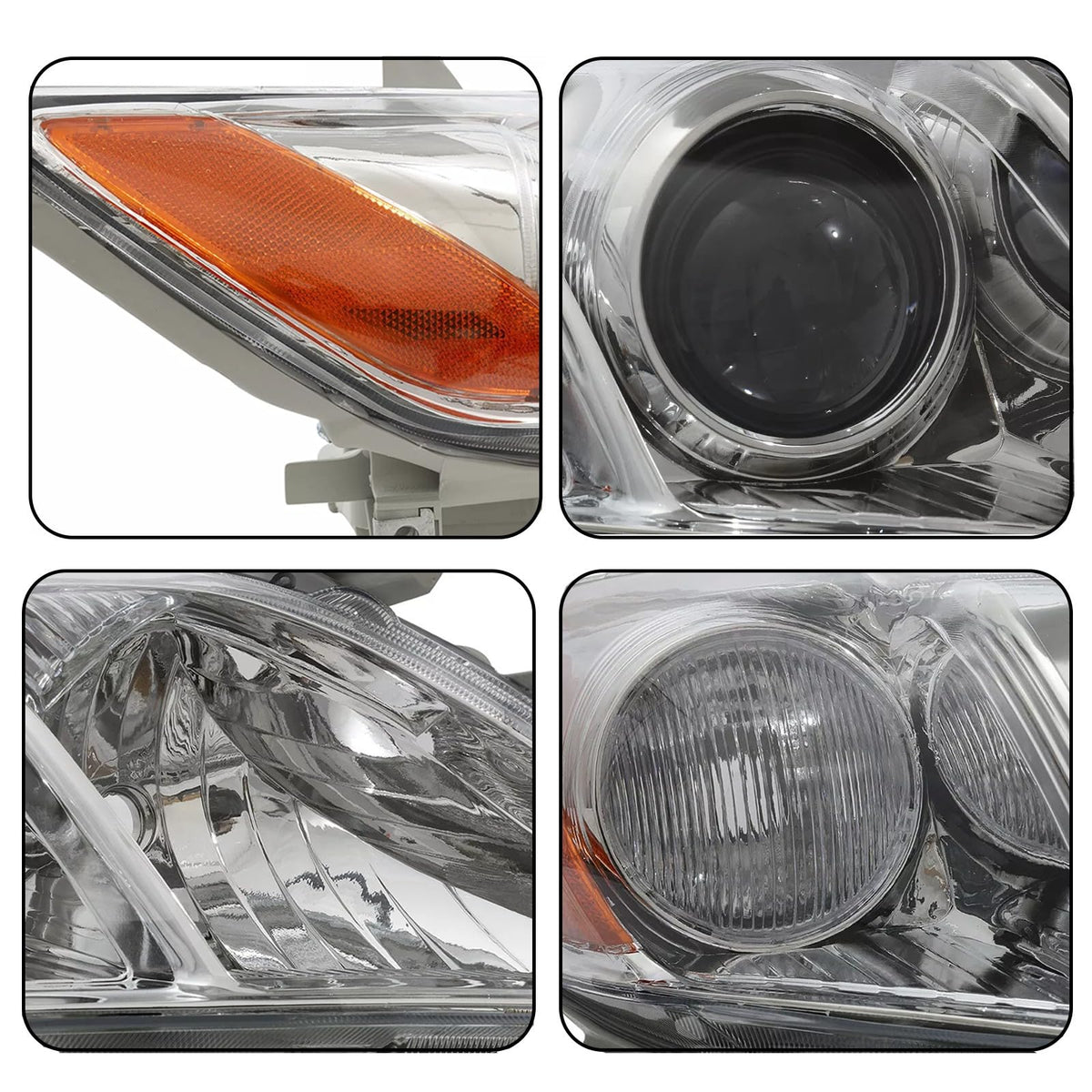 Pair Headlights Assembly Compatible With 2007-2009 Toyota Camry Driver Passenger Side Halogen Chrome Housing Clear Lens Q698
