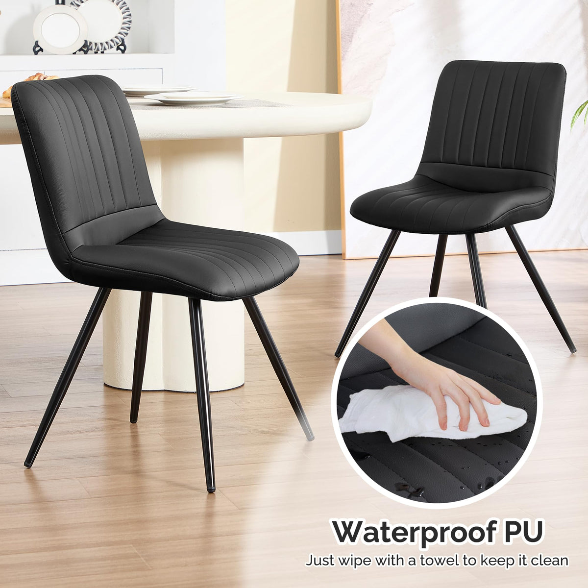 Black Dining Chairs Set of 4 PU Leather Metal Legs H7964