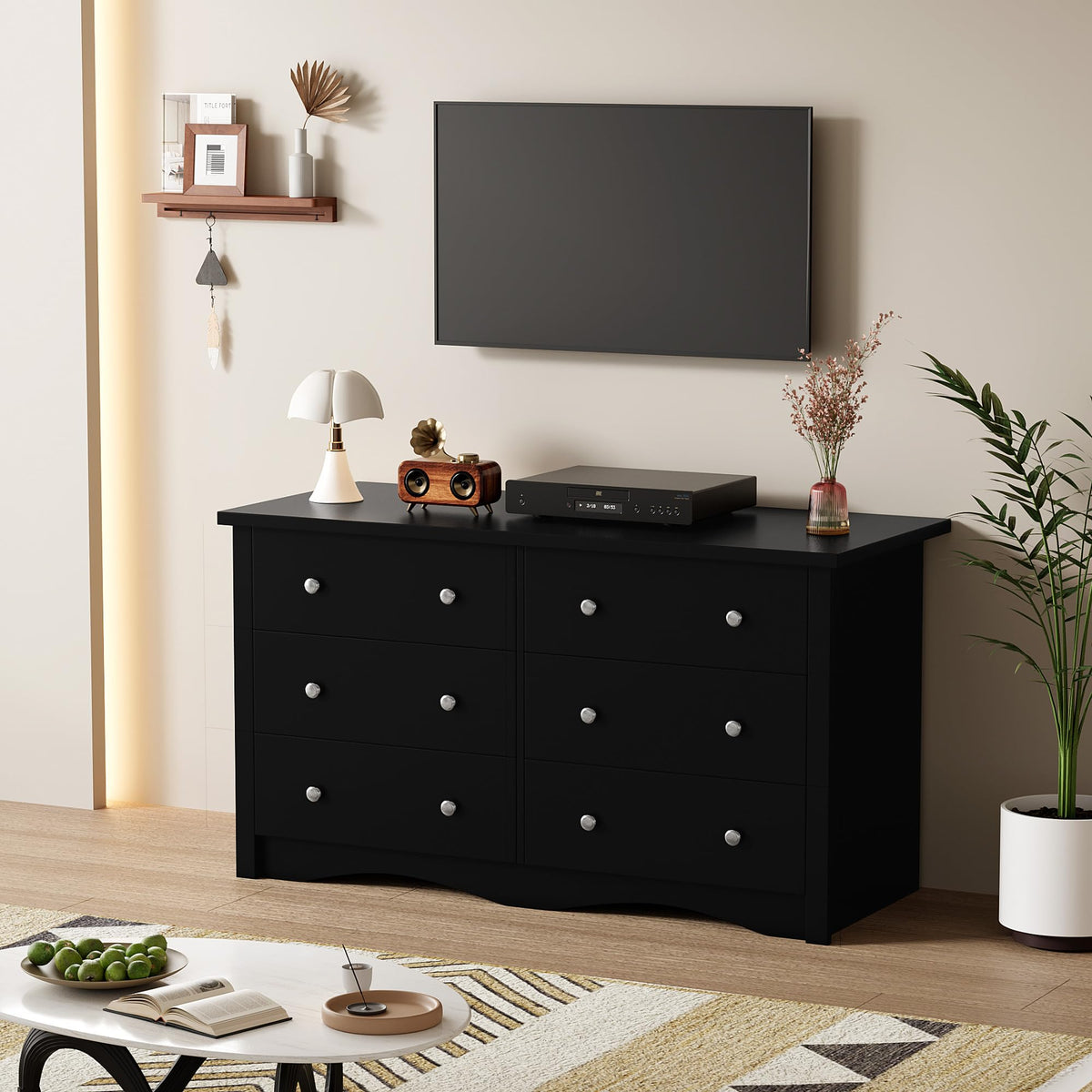 Black 6 Drawer Wood Dresser N7417