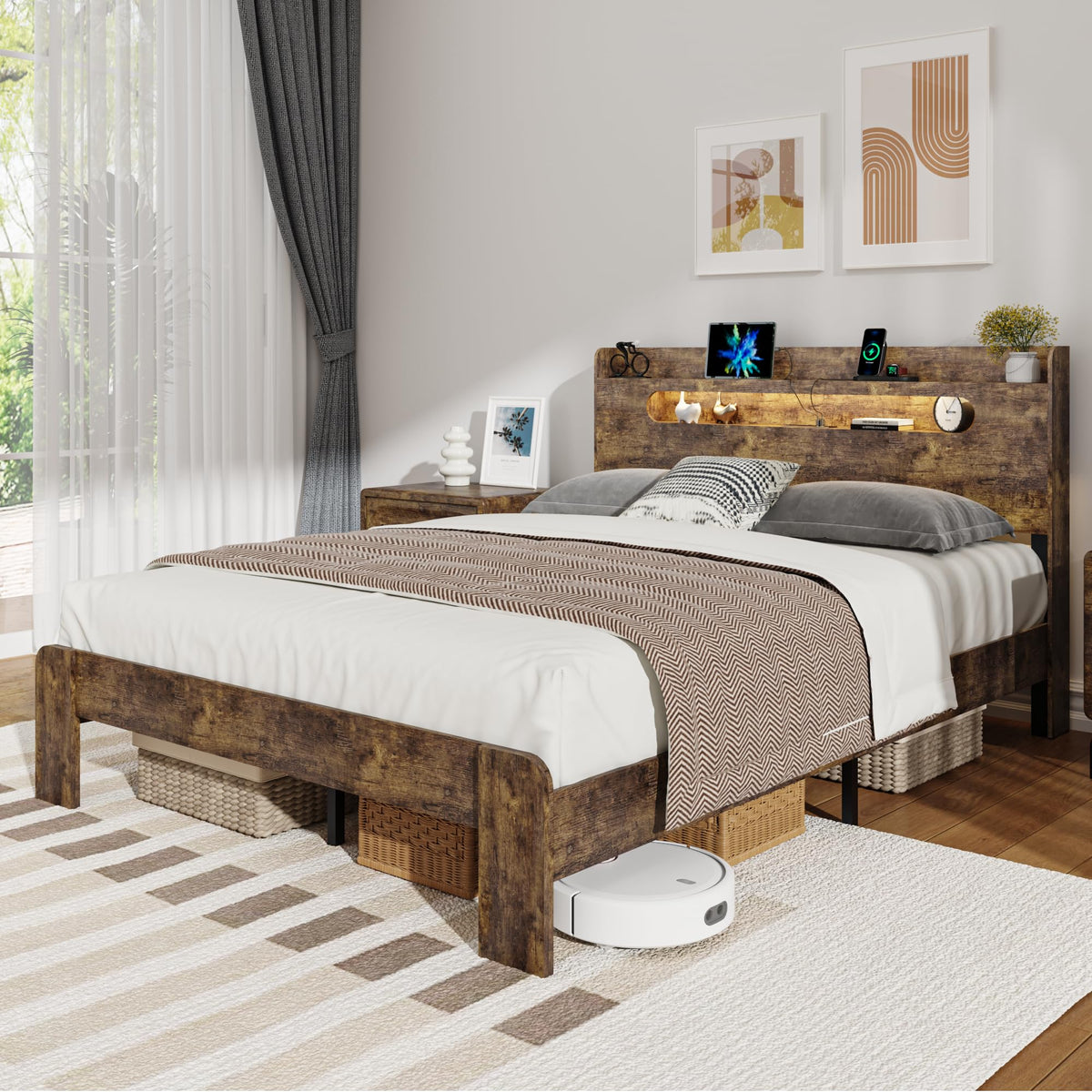 Queen Size Wood Bed Frame with Storage Headboard I995