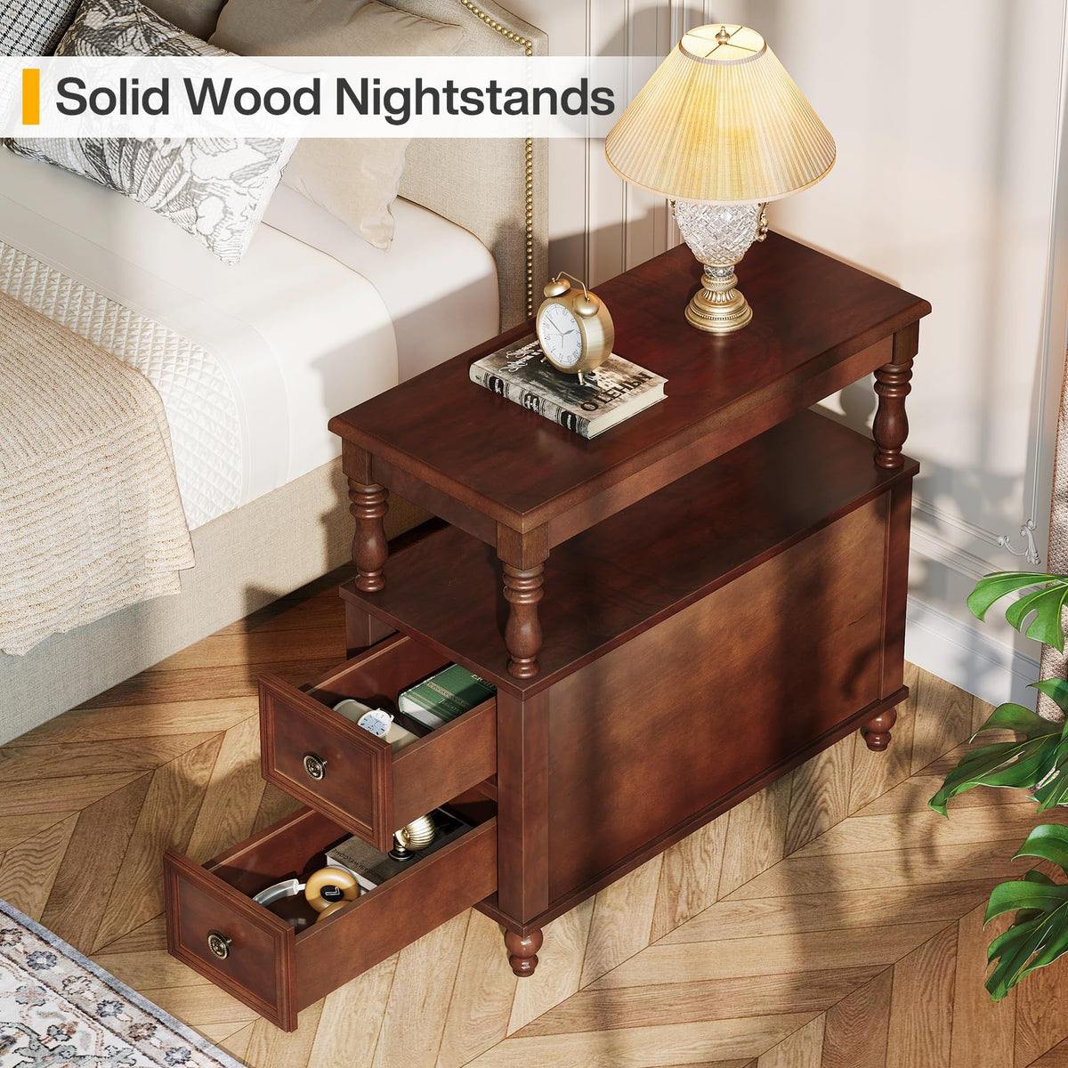 Solid Wood 2 Drawer Nightstand with Open Storage Shelf S368