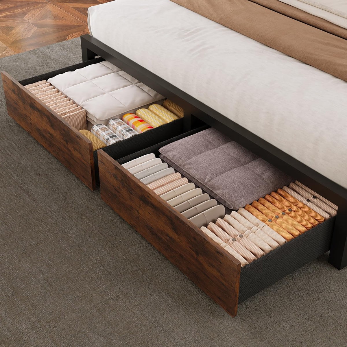 Queen Bed Frame with Bookcase Storage Headboard and 2 Storage Drawers R403217