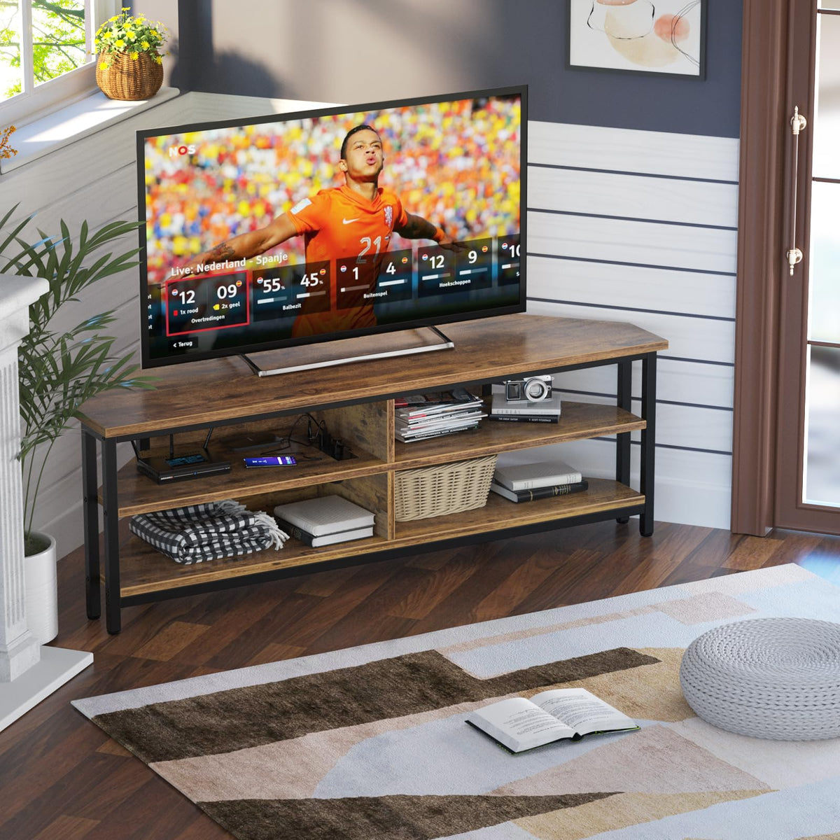 55'' Corner TV Stand with Power Outlet and 4 Open Storage Shelves O549