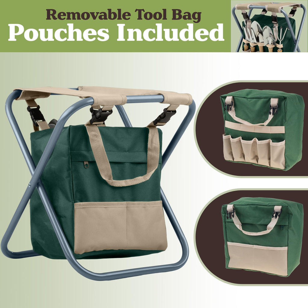 Folding Garden Stool with Tool Bag and 5 Garden Tools I384626