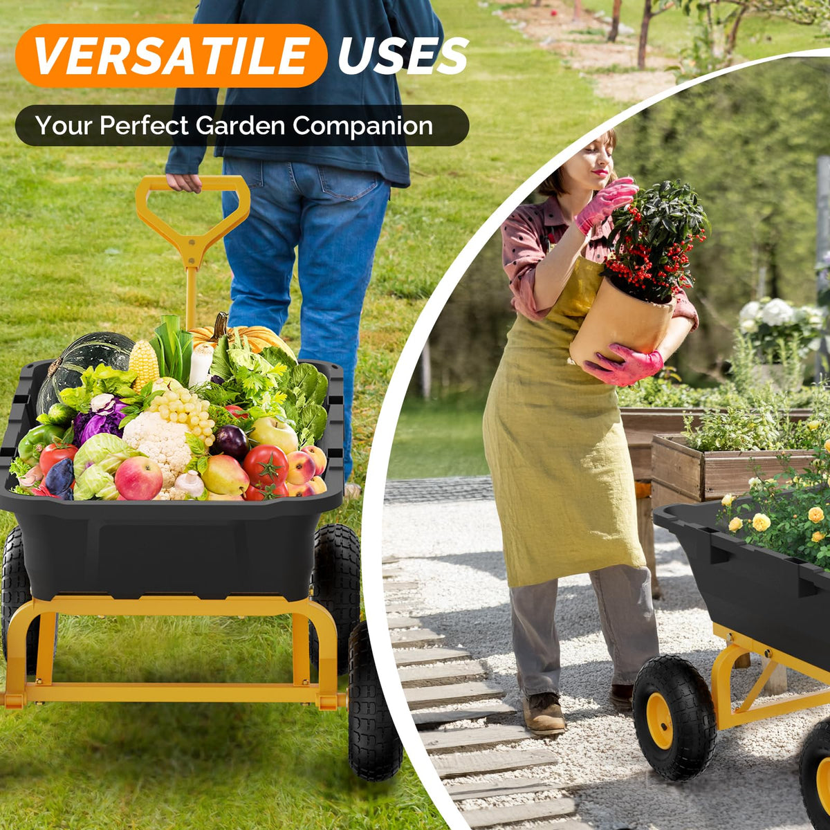 Heavy Duty Dump Cart Wagon, 770LBS Poly Wheelbarrow, 10in All-Terrain Pneumatic Tires Q160