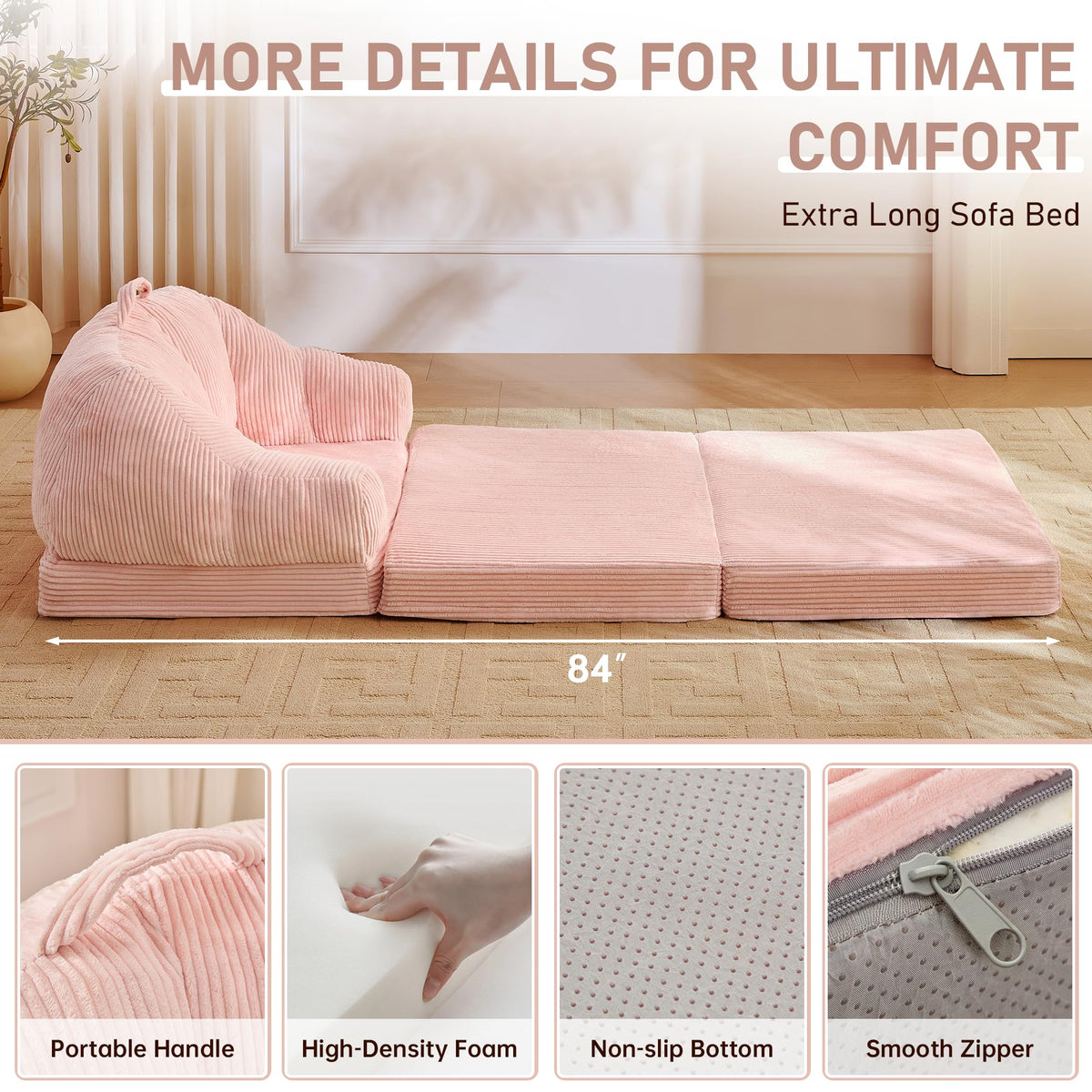 Pink 3-in-1 Convertible Folding Sofa Bed I770046