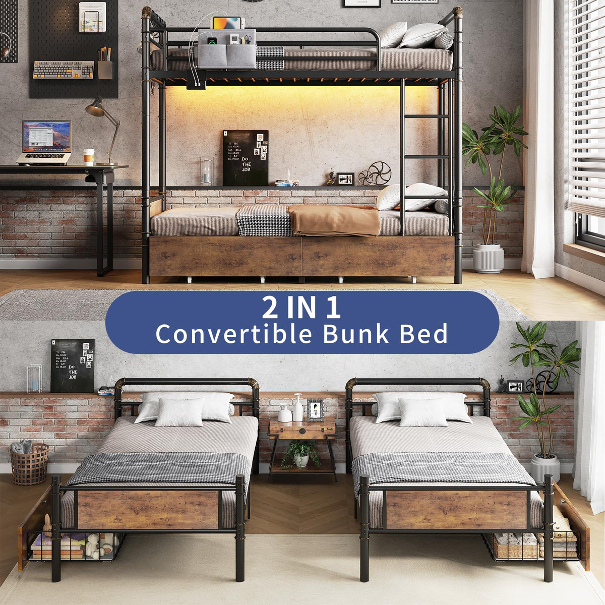 Metal LED Bunk Bed Twin Over Twin with 2 Storage Drawers Q832745