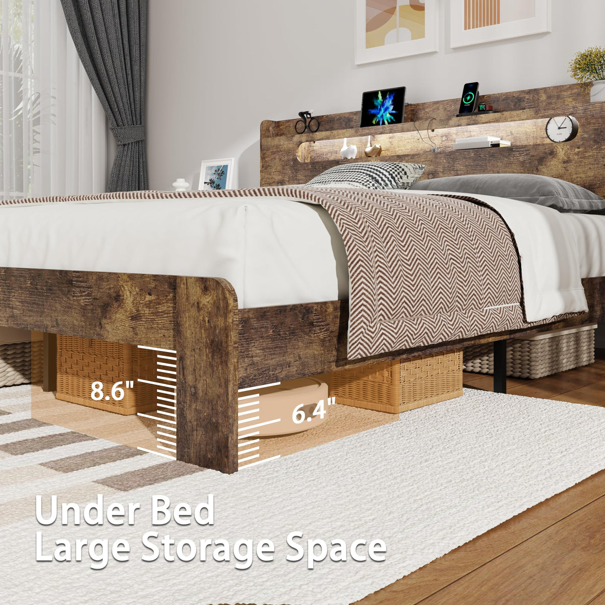 Queen Size Wood Bed Frame with Storage Headboard I995