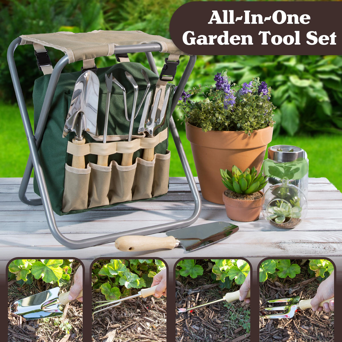 Folding Garden Stool with Tool Bag and 5 Garden Tools I384626