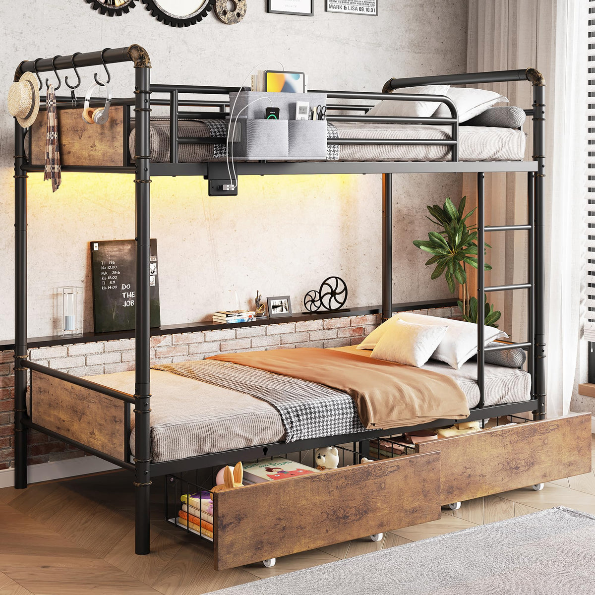 Metal LED Bunk Bed Twin Over Twin with 2 Storage Drawers Q832745