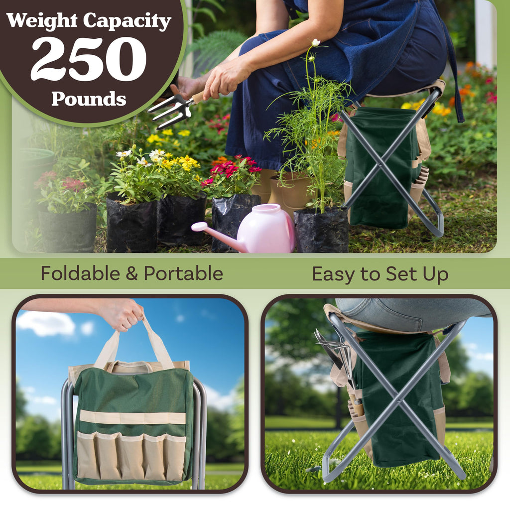 Folding Garden Stool with Tool Bag and 5 Garden Tools I384626